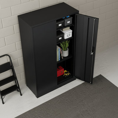 36'' W Black Metal Storage Cabinet - Locking, Adjustable Shelf - Heavy-Duty Foldable