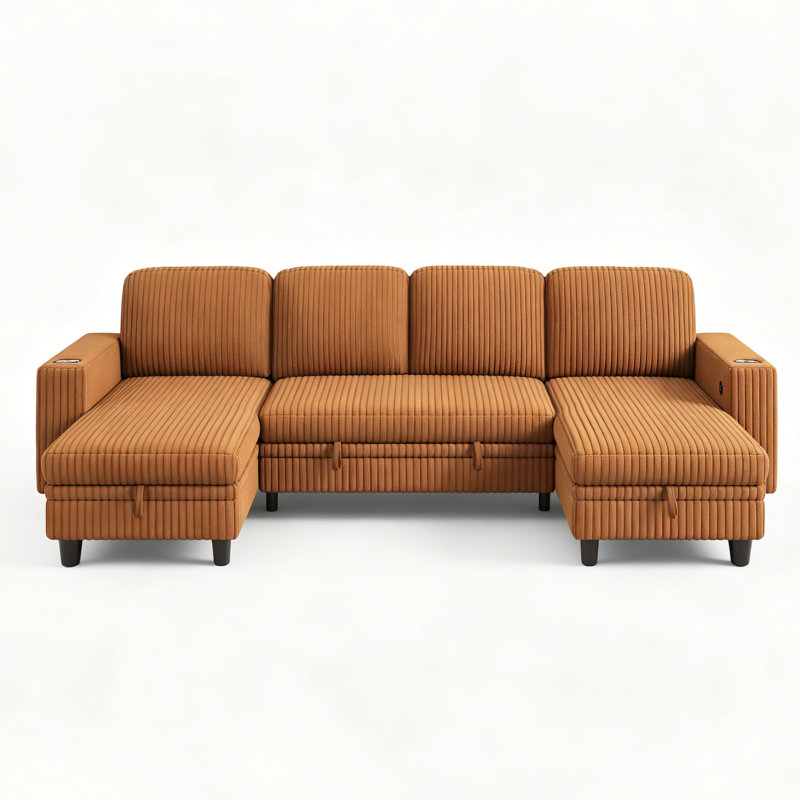 Sherry 106“ U Shaped Corduroy Sleeper Sectional With Storage Chaise & Usb Charging, Soren Brown Corduroy, 4 Pieces