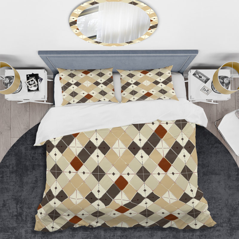 Ensemble de housse de couette moderne à motif argyle brun et blanc, Housse de couette très grand et 2 très grandes t