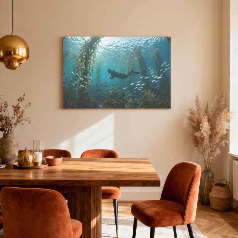 Ensemble de 1 tableau sur toile tendue représentant un plongeur et des poissons dans une forêt de varech sous-marine