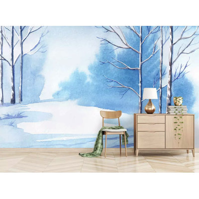 Paysage d'hiver, aquarelle, forêt, dessin, papier peint naturel amovible