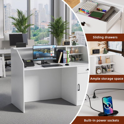 Reception Desk With Counter And Charging Station, Led Lights