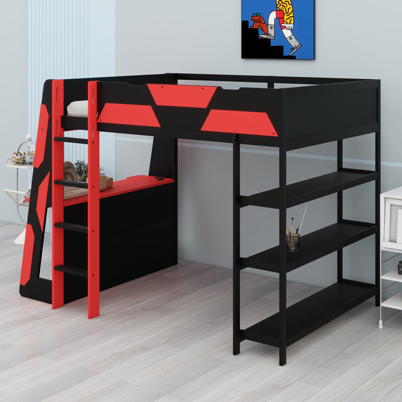 Ultimate Gaming Loft Setup with Desk, Storage Shelves & Programmable LED Lighting, Black+Red