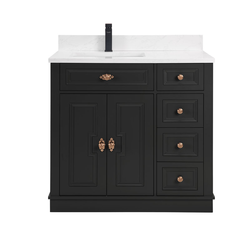 36" Solid Wood Sink Vanity  With 1' Artificial Stone Top, Tricorn Black, Rose Gold