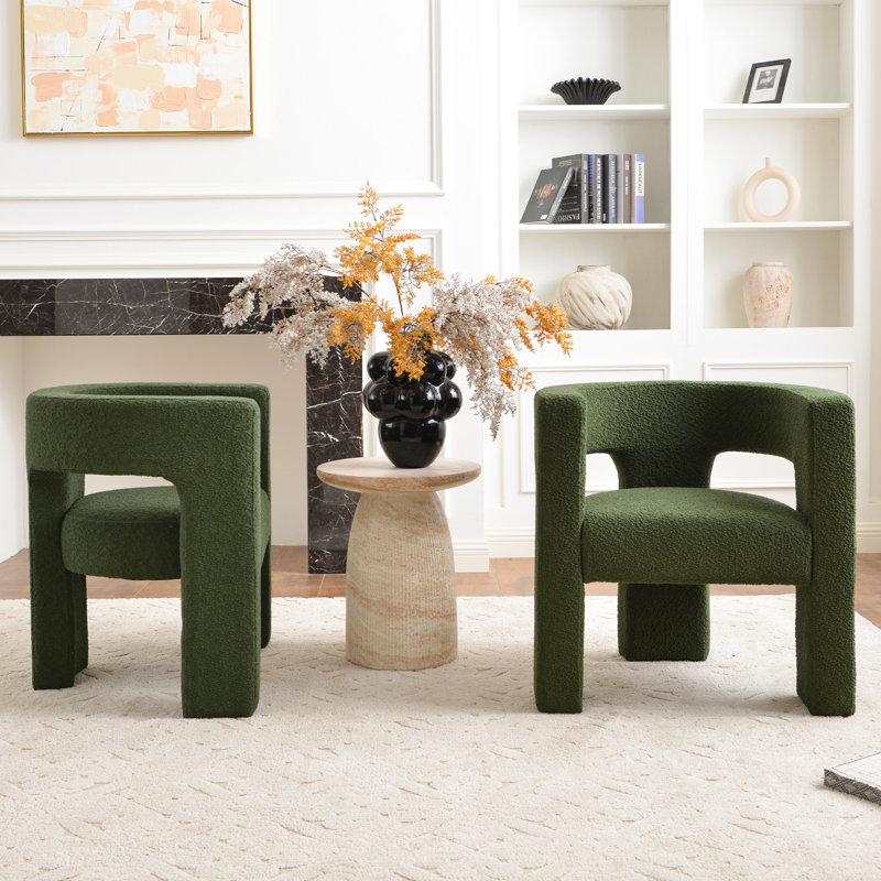 Brodee Boucle Upholstered Square Armchair (Set of 2), Green Polyester Blend