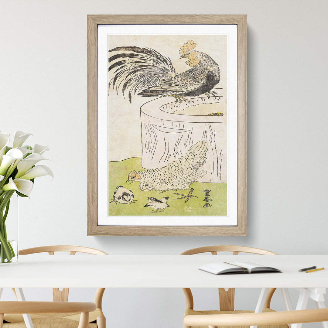 Cock with Hen & Chickens by Utagawa Toyoharu - Picture Frame Painting