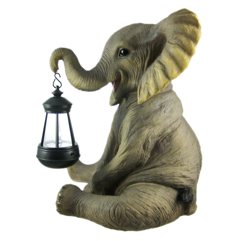 Hand-Painted Gray Resin Elephant Garden Statue with Lantern