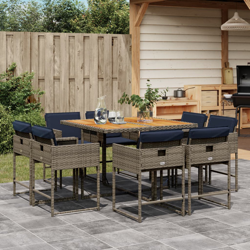 Hokku Designs 9 Piece Patio Dining Set With Cushions Gray Poly Rattan, Blue/Gray, 8