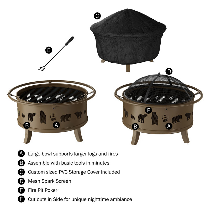 Janson  Fire Pit - 32-Inch Outdoor Wood Burning Firepit with Screen, Poker, and Cover - Outdoor Fire Pits for Backyard, Deck, or Patio by Pure Garden