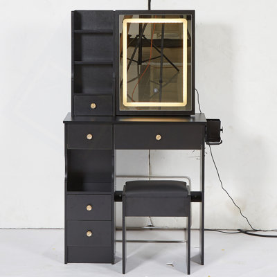 Vanity Desk, 29.2" Small Size Left Drawer Desktop Vanity Table , Cushioned Stool, 2 AC, 2 USB Power Station, Hair Dryer Bracket, Extra Large Touch Control Sliding LED Mirror, Tri-Colour Switching, Brightness Adjust
