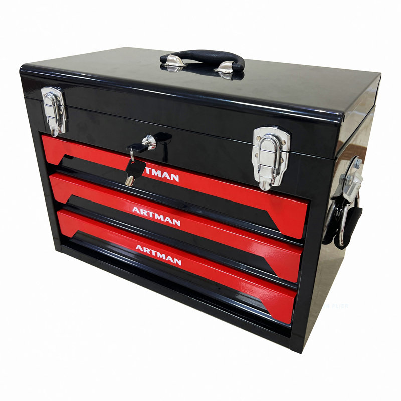 Boîte à outils 20 po à 3 tiroirs en acier, 4 couches d'outils avec loquets en métal, avec plateau de rangement supérieur et poignée de transport, rangement d'outils multifonctionnel pour le garage, la maison ou l'établi