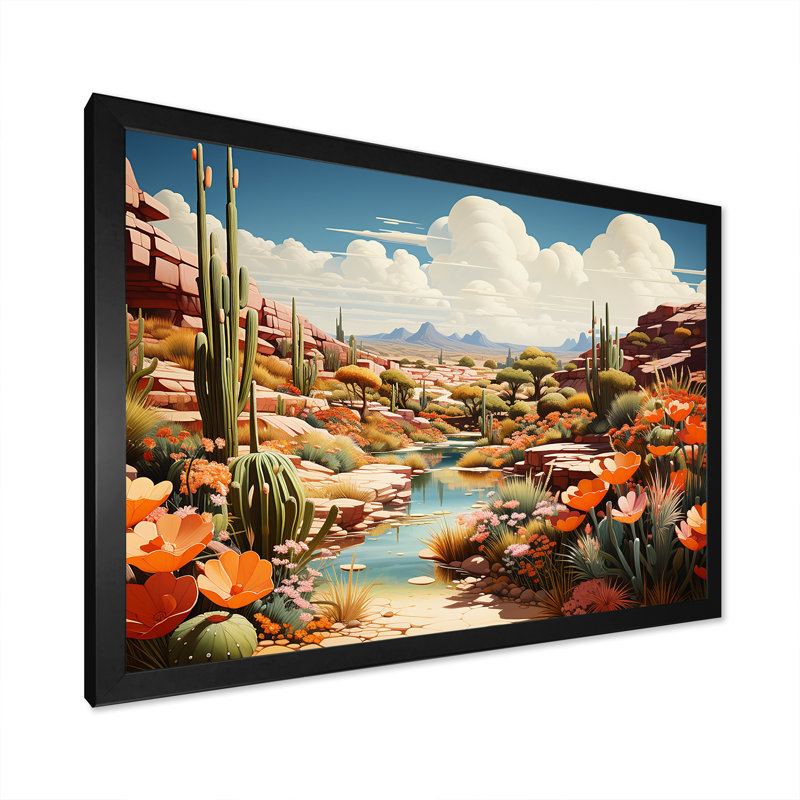 «Native Desert Oasis Blooms I» - art mural désert, Cadre d'angle fermé noir, H 12 po x l 20 po x P 1 po