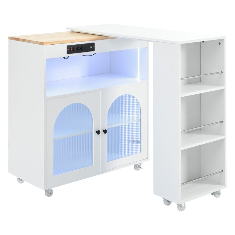 Îlot de cuisine moderne de 56,3 po de largeur avec table extensible, rangement, éclairage DEL et prises de courant, White