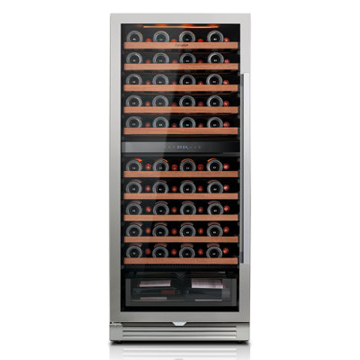 24" 90-Bottle Dual Zone Wine Refrigerator, Built-In & Freestanding, 9.7 Cu.Ft., 40–65°F Precise Temperature, Amber/Blue/White LED Lighting, UV-Protected Double Glass Door, Frost-Free, Adjustable Wood Shelves, Hidden Hinges, Energy Star Wine Cooler