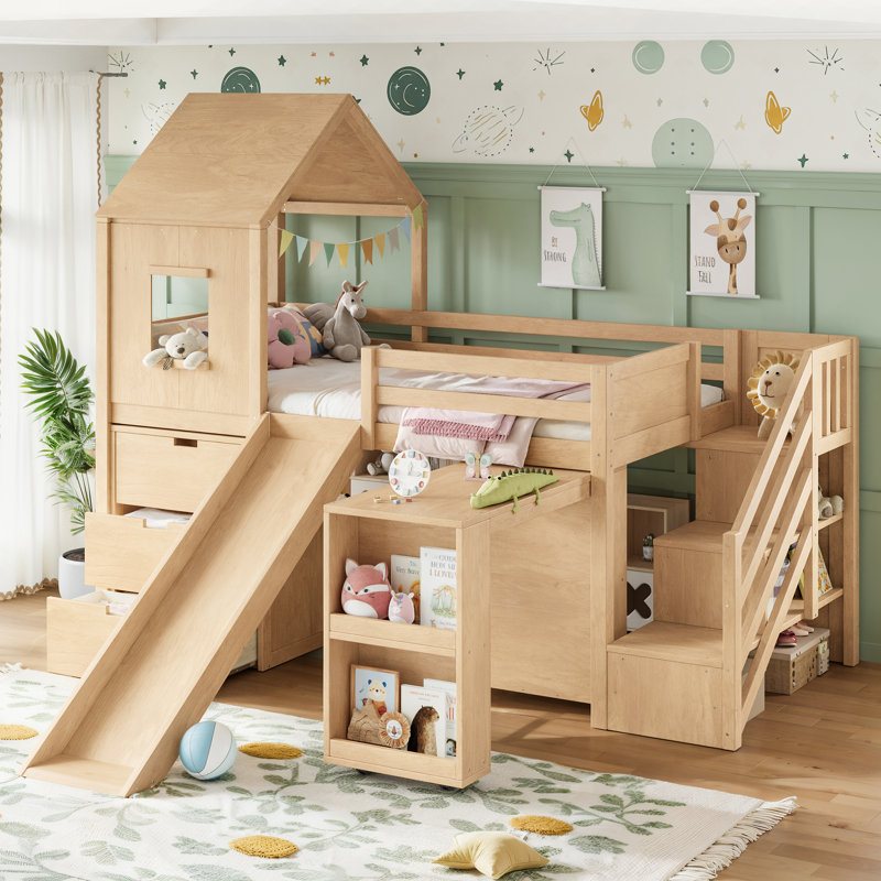 Lit mezzanine simple avec tiroirs de rangement et tablettes d'escalier ouvertes PlayNest, Naturel