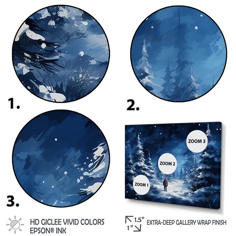 «Blue and White Winter Forest Wonderer», pin, art mural, H 24 po x l 32 po x P 1 po, Cadre flottant blanc
