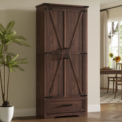 72" Farmhouse Pantry Cabinet With Barn Doors, 2 Adjustable Shelves And 1 Drawer