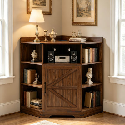 Rustic Wood Corner Bookshelf with Charging Station, Barn Door Corner Storage Cabinet for Living Room Small Spaces