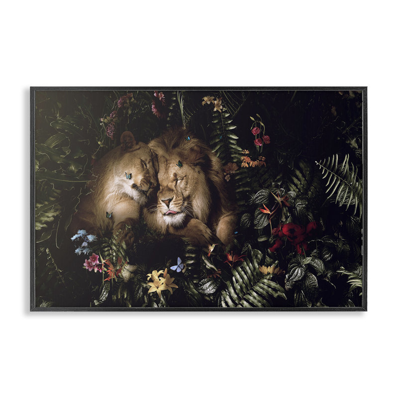 Lions câlins parmi des feuilles, estampe numérique par Reinders, Giclée encadrée noir minuit, H 16 po x l 24 po