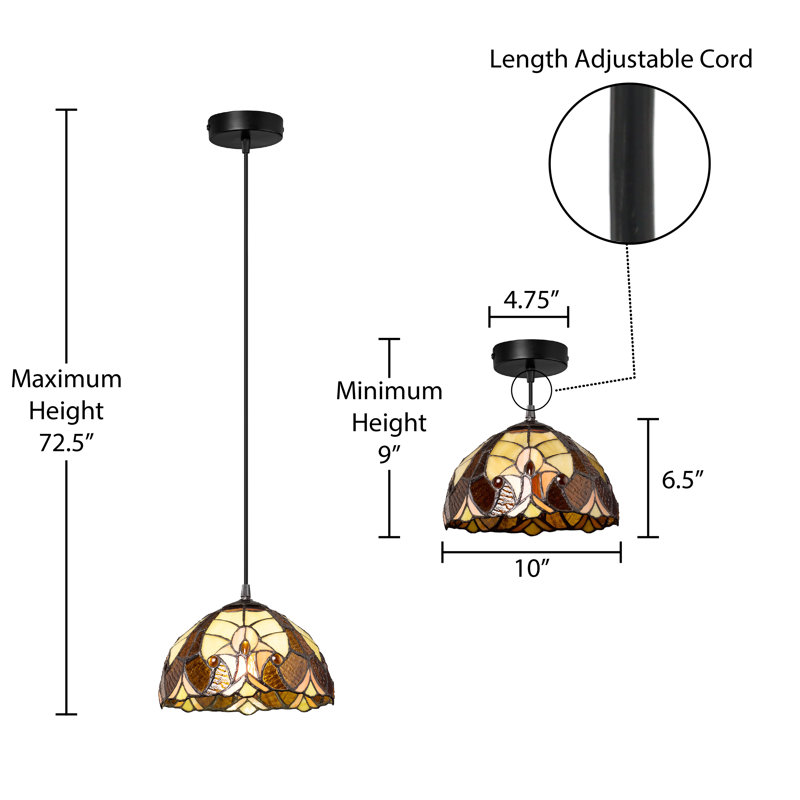 10.25"W Stained Glass Traditional Dome Shade Pendant, Brown/Yellow/Ivory