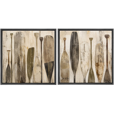 Rustic Wooden Oars And Paddles With Neutral Vintage Lake House Charm Framed Canvas Master Bedroom Wall Art Work 2 Pieces Print Set