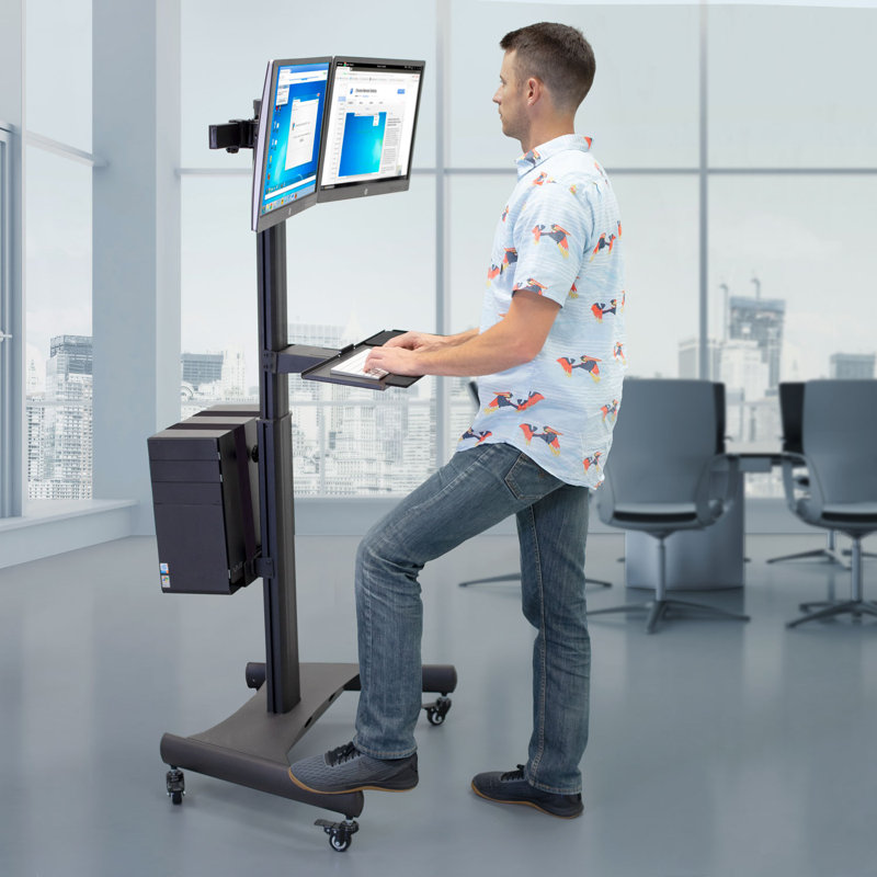 Adjustable Black Steel Mobile Dual Monitor Computer Cart