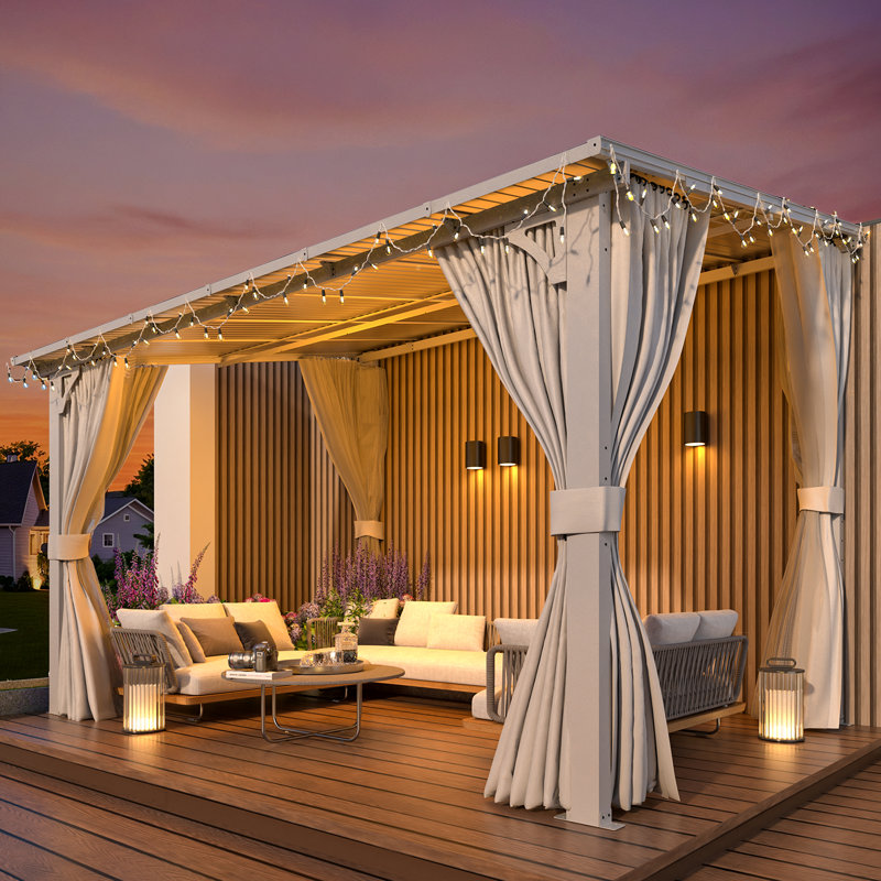 Pergola blanche avec toit rigide et abri de jardin avec rideaux et moustiquaire, 96 po H x 144 po L x 96 po P