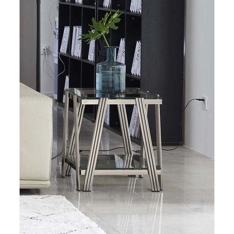 Table de bout carrée 20 pouces, table de bout moderne en acier inoxydable, table basse en verre trempé double couche, table d'appoint avec rangement