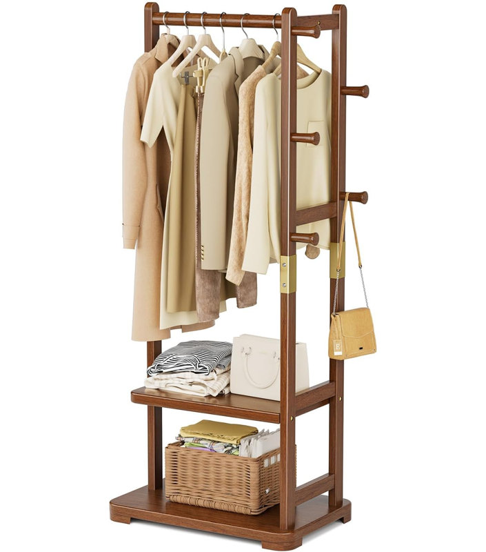 Portemanteaux Portemanteau en bois massif avec 2 tablettes et 4 crochets