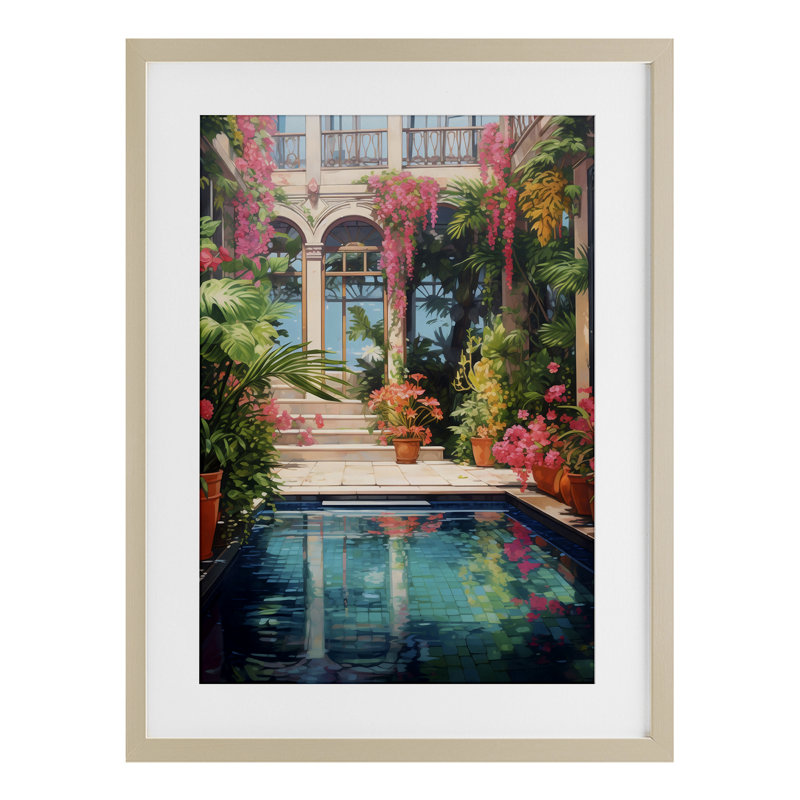 «Pink Greenhouse Pool Reflection», impression par LSR Design Studio, Cadre de récolte en pin, H 20 po x l 14 po