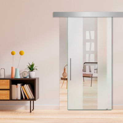 Porte de grange coulissante en verre sans cadre avec design moderne sablé et quincaillerie (semi-privée)