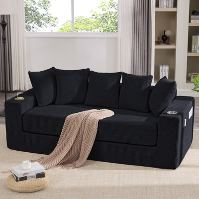 Canapé-lit convertible 2-en-1, canapé moderne, canapé de plancher pliant, velours côtelé, 5 coussins, poche latérale, porte-gobelets, appartement, bureau personnel, sans assemblage, 3 sièges, noir