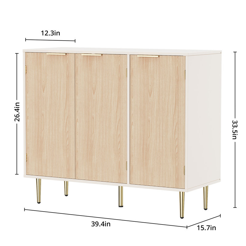 Fluted Buffet Sideboard With 3 Doors, Modern Accent Cabinet With Adjustable Shelves, Kitchen Storage With Golden Handles, Coffee Bar For Kitchen, Dining Room