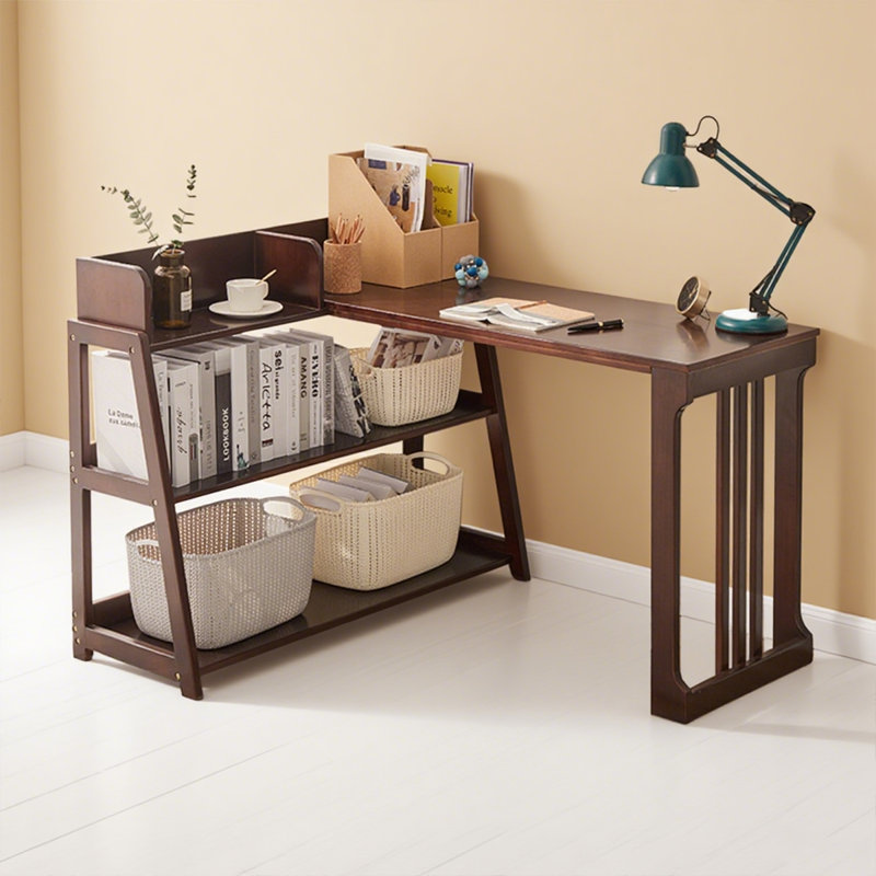 Combinaison bureau et bibliothèque en bois massif, Brun