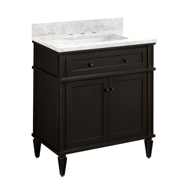 Elmdale 30" Freestanding Mahogany Single Basin Vanity Rectangular Undermount Sink, White, Carrara Marble, 8" Centers