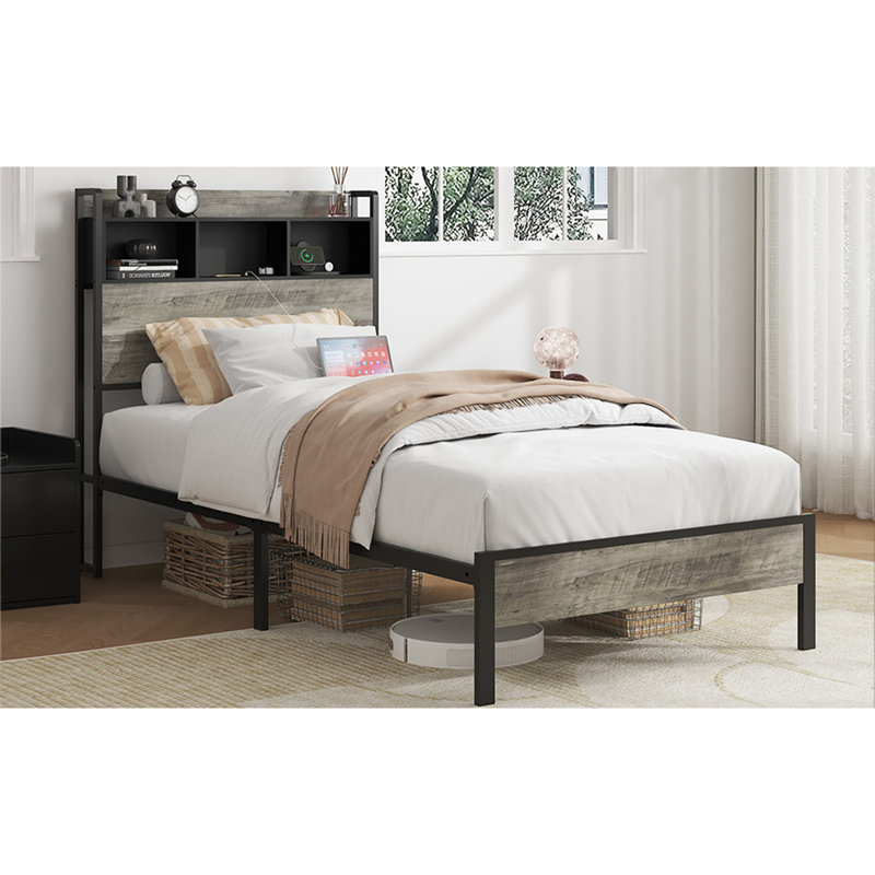 Structure de lit double, structure de lit plateforme en bois, avec rangement et 2 tablettes, pas de bruit, pas besoin de sommiers, outils faciles à assembler, grand espace de rangement sous le lit, gris antique