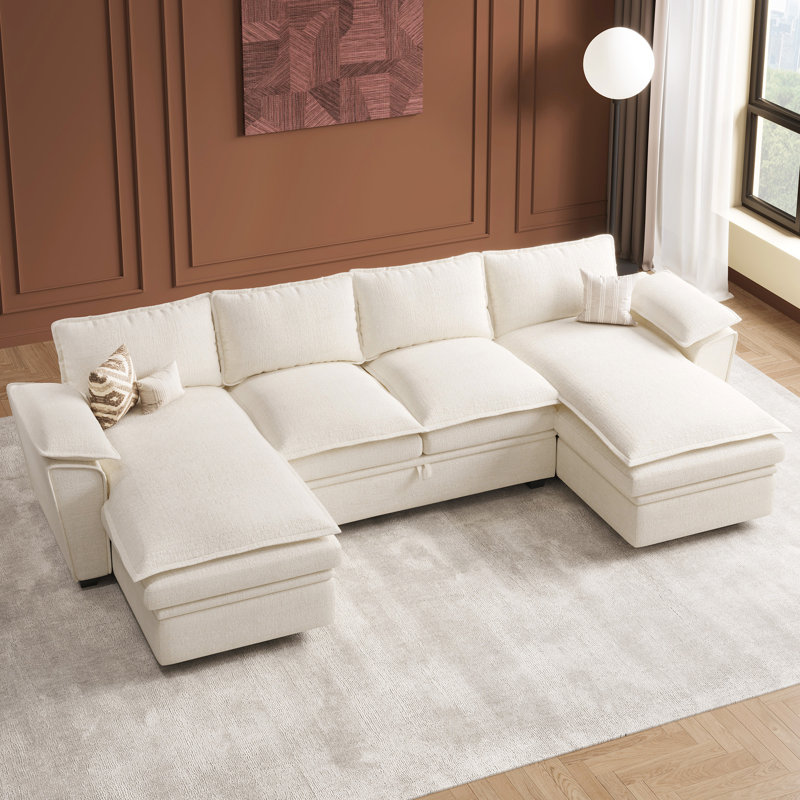 Upholstered U-Shaped Sectional Sofa With Double Chaise, Beige Chenille
