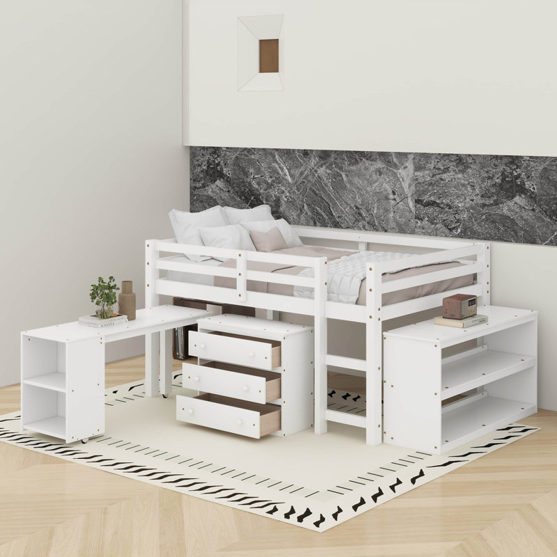 Lit mezzanine double avec armoire, tablettes et bureau