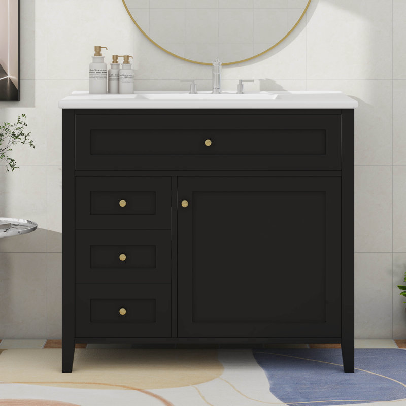 Meuble-lavabo 36 po avec lavabo en céramique, 3 tiroirs et un tiroir basculant, Noir, Doré