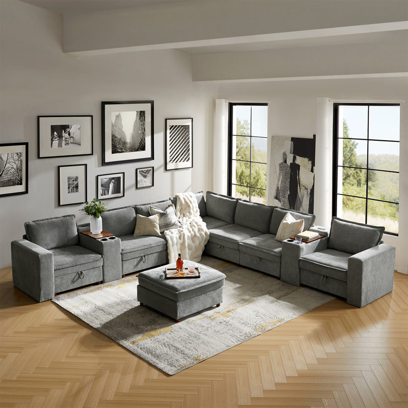 Buelow Modern Storage Sectional Sofa With Charging Ports And Solid Wood Legs, Grey Polyester