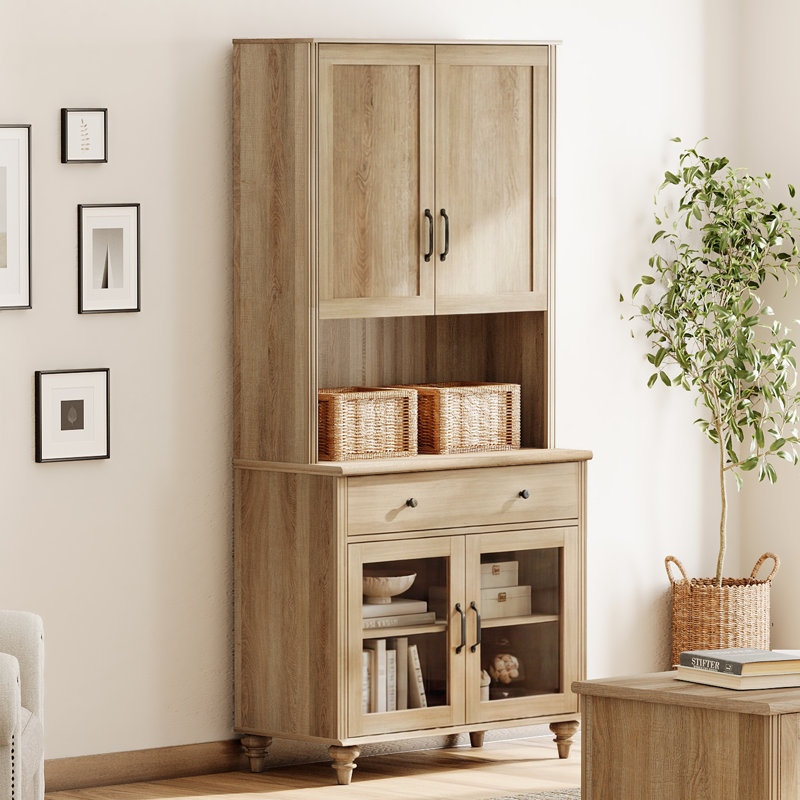 Buffet Corretta avec bar intégré, meuble de cuisine avec portes vitrées et grand espace de rangement, bibliothèque de style campagnard à 5 niveaux avec porte en bois, dosseret pour salle à manger, chêne, 86 cm (34 po)