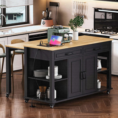47 inch Kitchen Island with Extendable Dining Table, Rubber Wood Veneer Kitchen Table with Internal Storage Rack, Power Outlet, Kitchen island with Storage 2 Drawers 2 Cabinet, Black