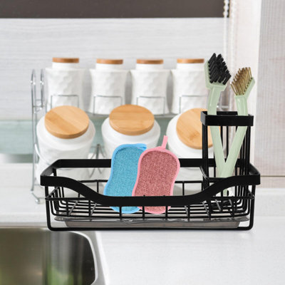 Porte-éponge de cuisine en fer durable avec égouttoir, organisateur de comptoir pour éponges et tampons à récurer, conception noire peu encombrante