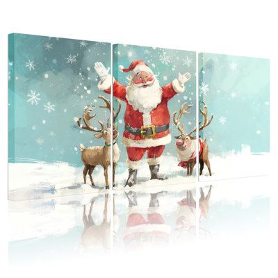 Père Noël de Noël avec renne dans un paysage enneigé, ensemble de 3 impressions sur toile