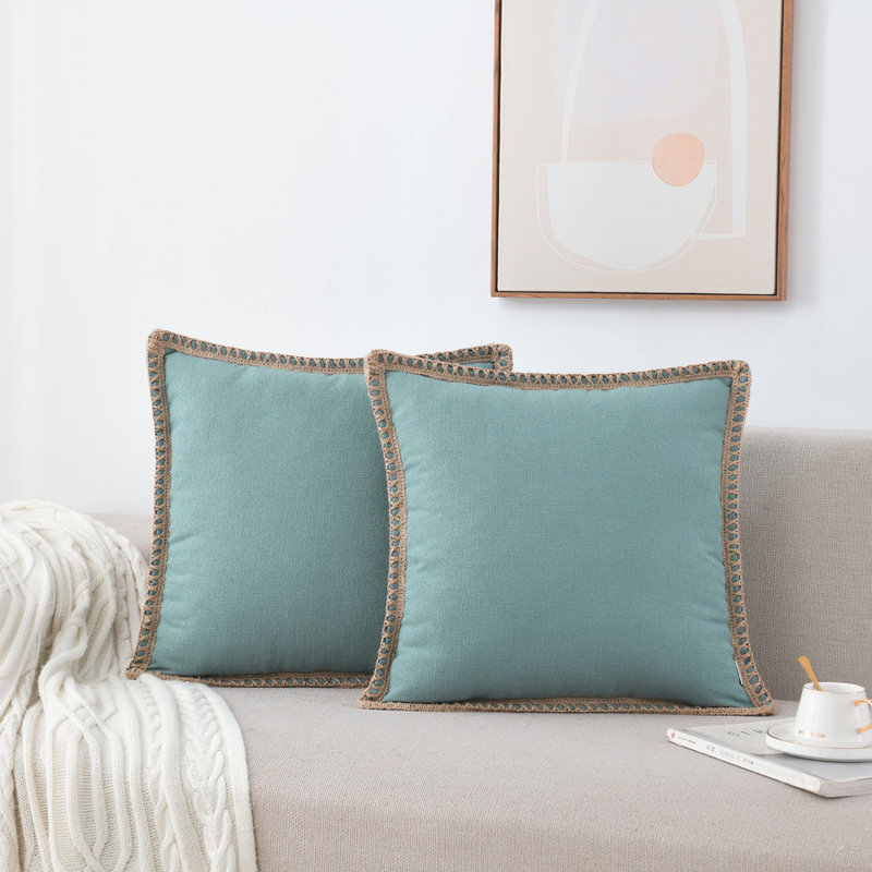 Housse de coussin en lin et polyester Farmhouse, H 18 po x l 18 po, Vert sarcelle, Carrée