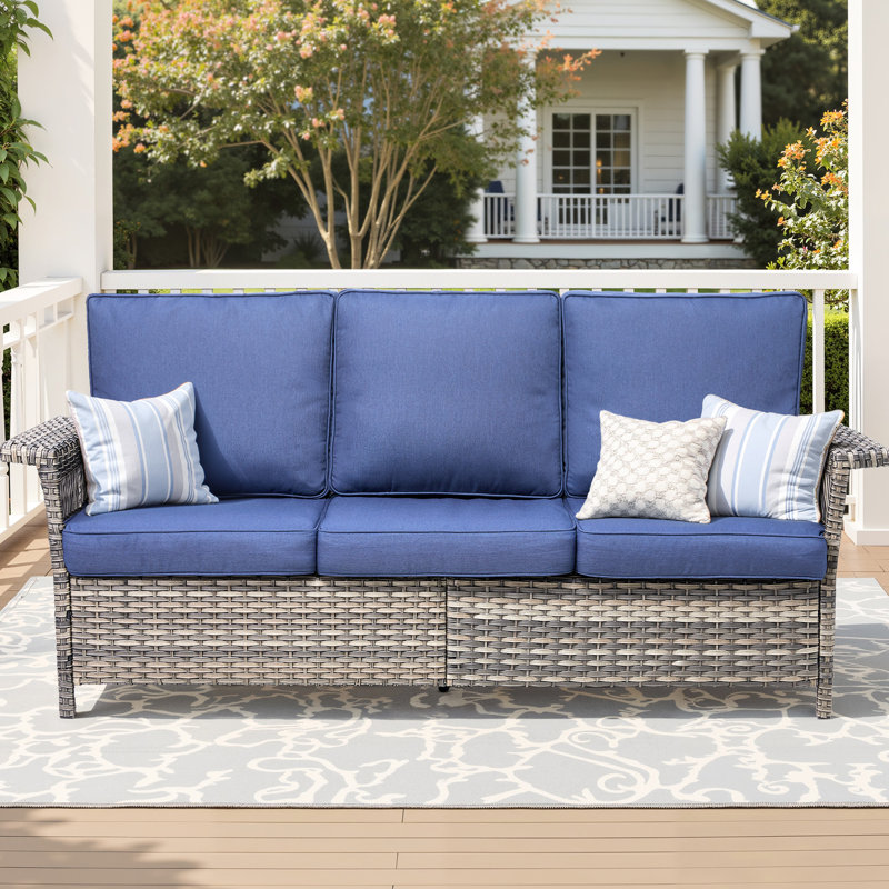 Canapé d'extérieur, 76,7 po de largeur, housses de coussin bleues, sièges confortables, résistance aux intempéries