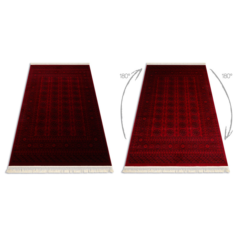 Luca 6889 – Classic Bukhara rug with fringes in burgundy & black – Lucaal rug with frame pattern, Runner 100 x 200 cm