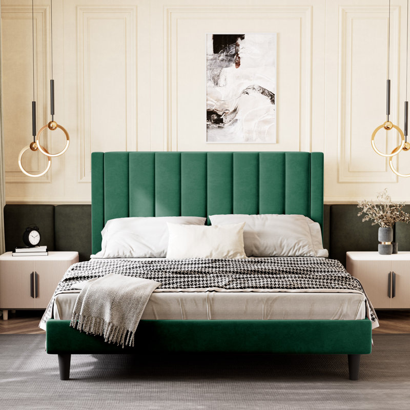 Lit plateforme tapissier Ozella - Aucun sommier requis, assemblage facile, Lit double, Vert