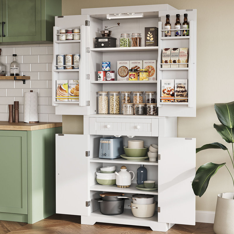 White 72" Tall Kitchen Pantry Cabinet with Motion Sensor Light