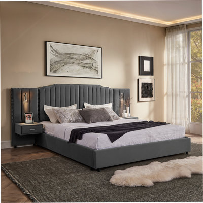 King Size Upholstered Lillie Frame with Velvet Fabric and Vertical Stripe Design